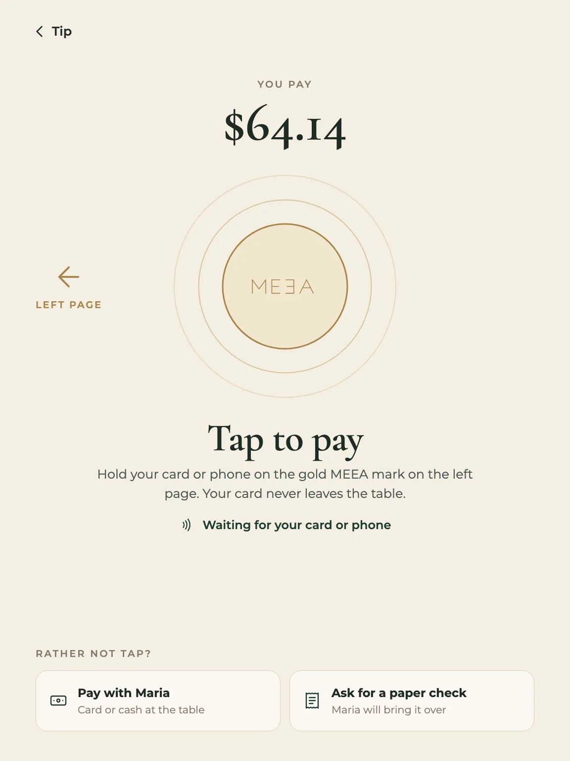 MEEA open to the Tap to pay screen. The screen points to the gold MEEA mark on the left page.