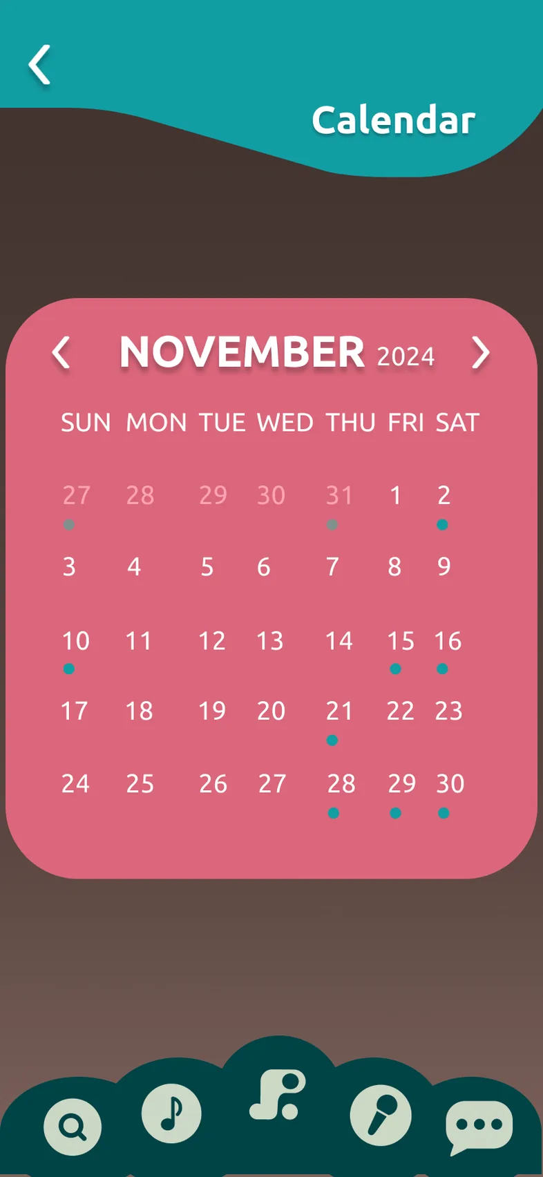 2024 calendar screen with a month grid and an unlabeled icon tab bar