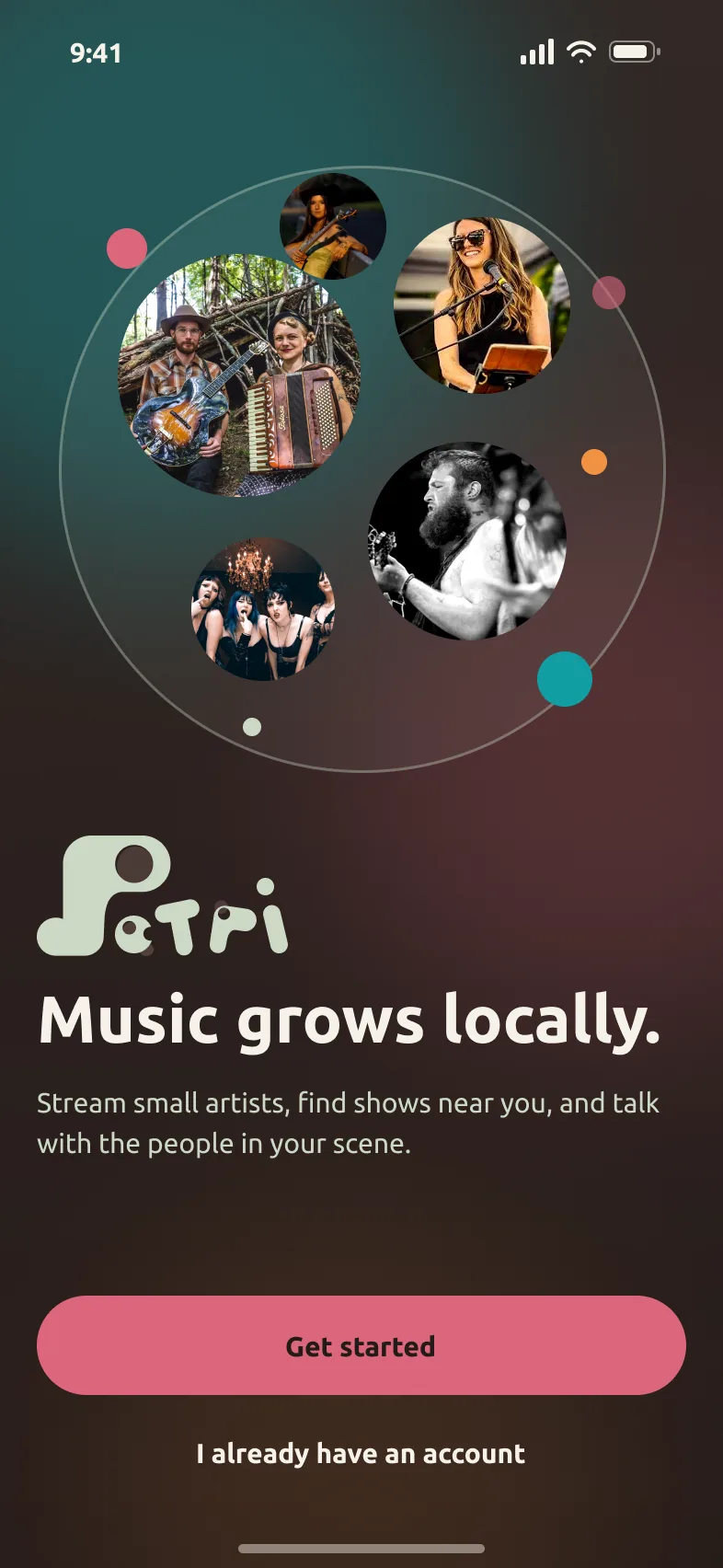 Petri Welcome screen. The dish holds artists from your city. Music grows locally.