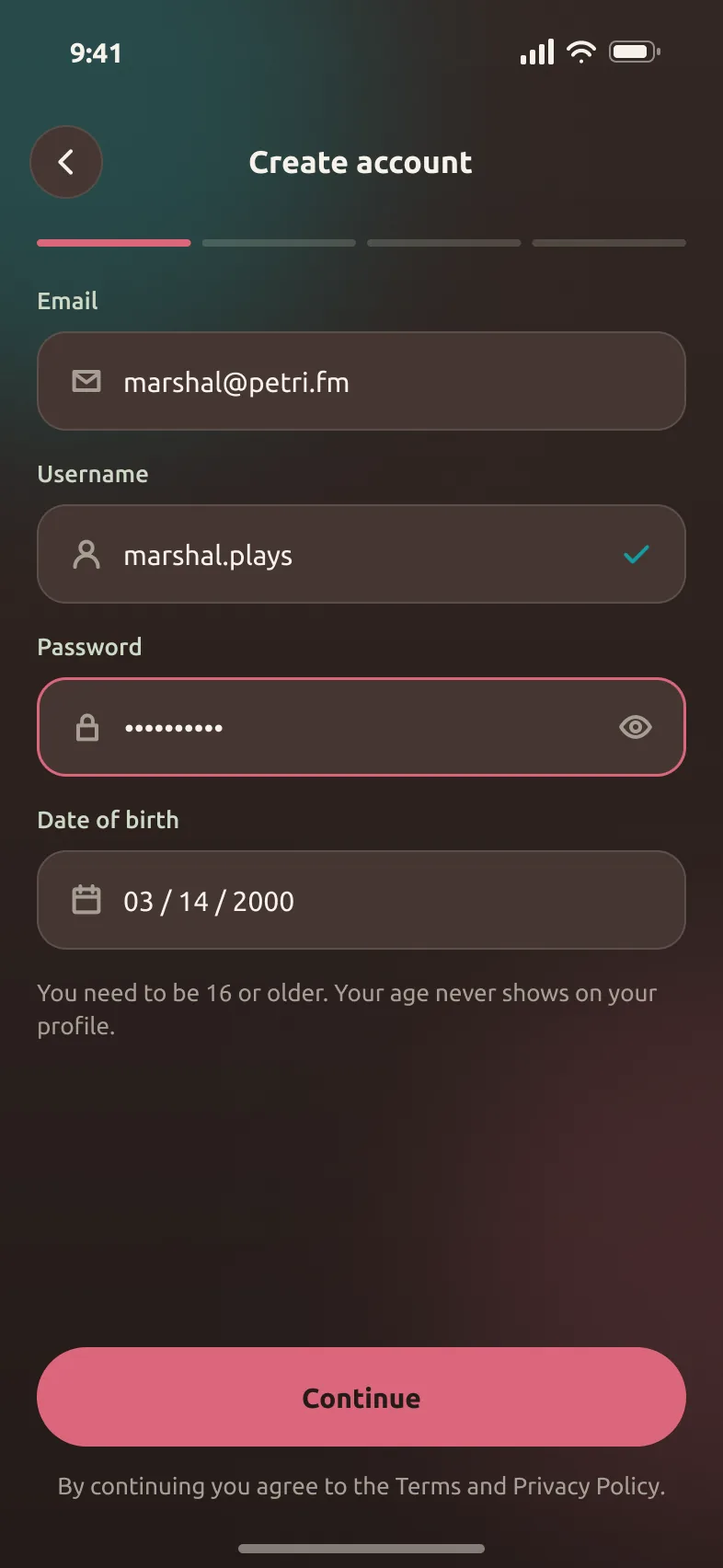 Petri Create account screen. The 16+ age gate says why it is there and that your age stays private.