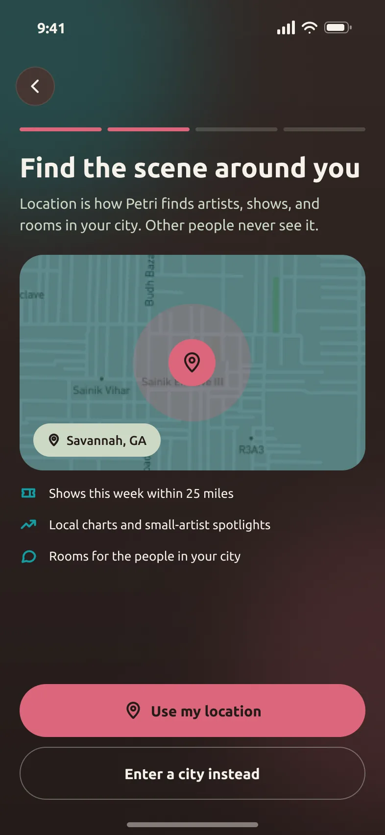 Petri Location screen. Explains what location is for and that other people never see it.