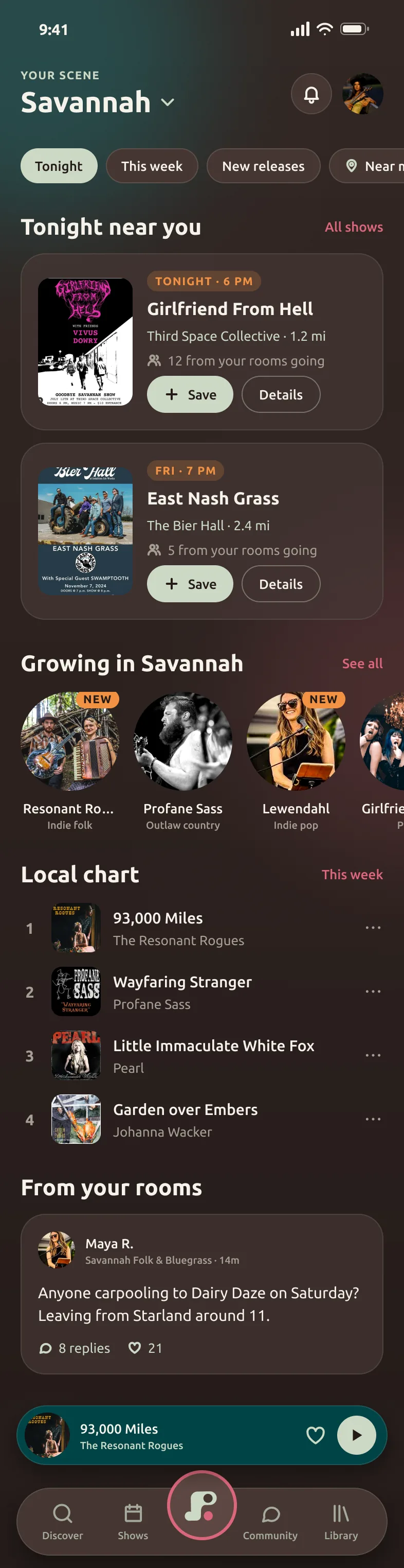 Petri Home screen. Tonight near you, artists growing in Savannah, the local chart and your rooms.