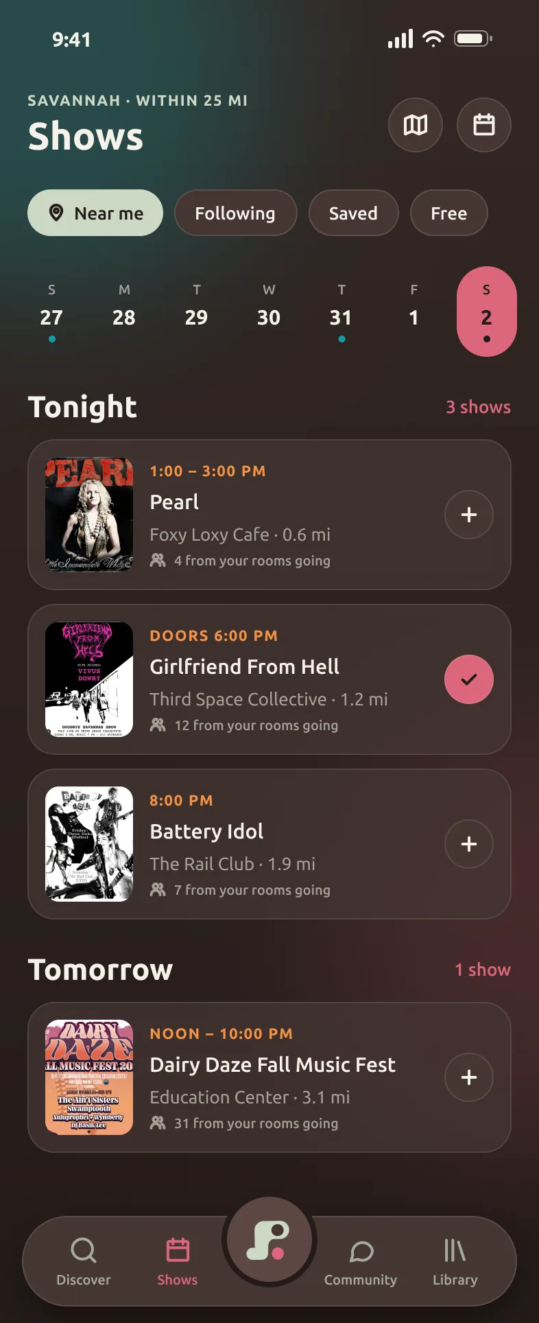 Petri Shows screen. A week strip and tonight's shows, each with how many people from your rooms are going.